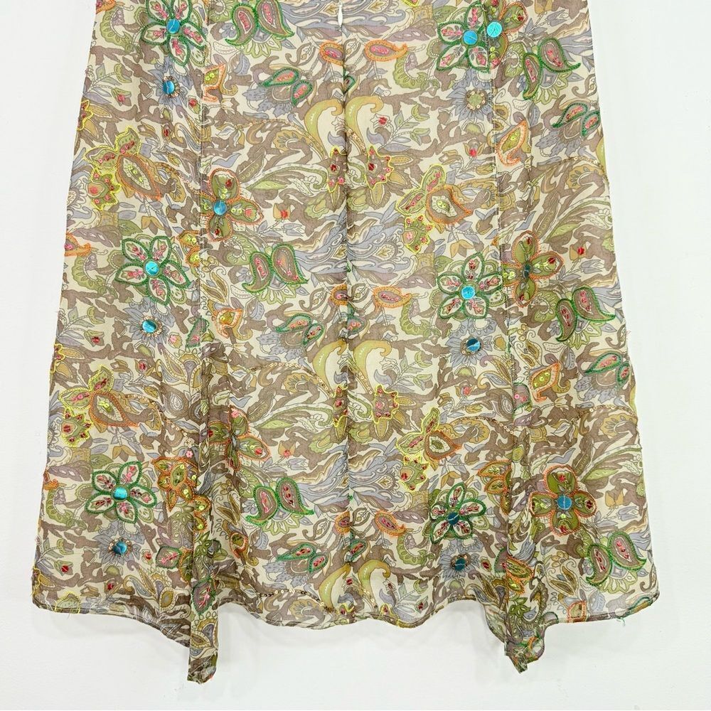Strenesse Blue Brown Colorful Sequin Embroidered 100% Silk Paisley Floral Skirt - Picture 13 of 16